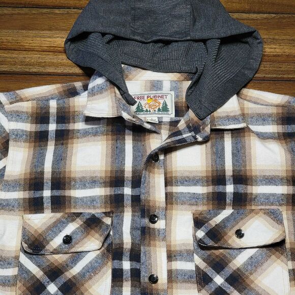 Free Planet LS Full Button Plaid Flannel Shirt w/ Detachable Hood - Size Large - Picture 2 of 5